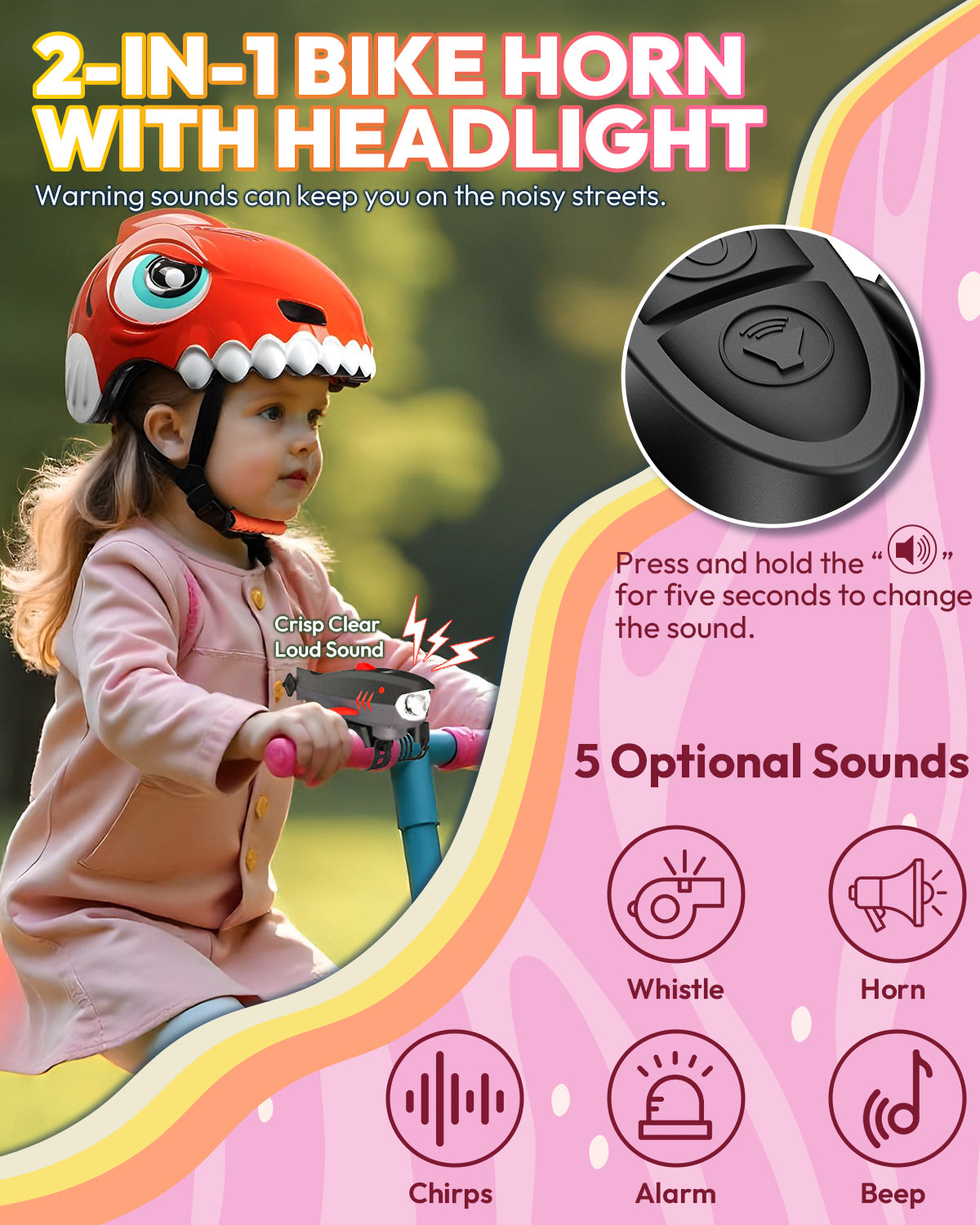 Bike Horn for Kids with Light 2-in-1 Rechargable Electric Bicycle Horn