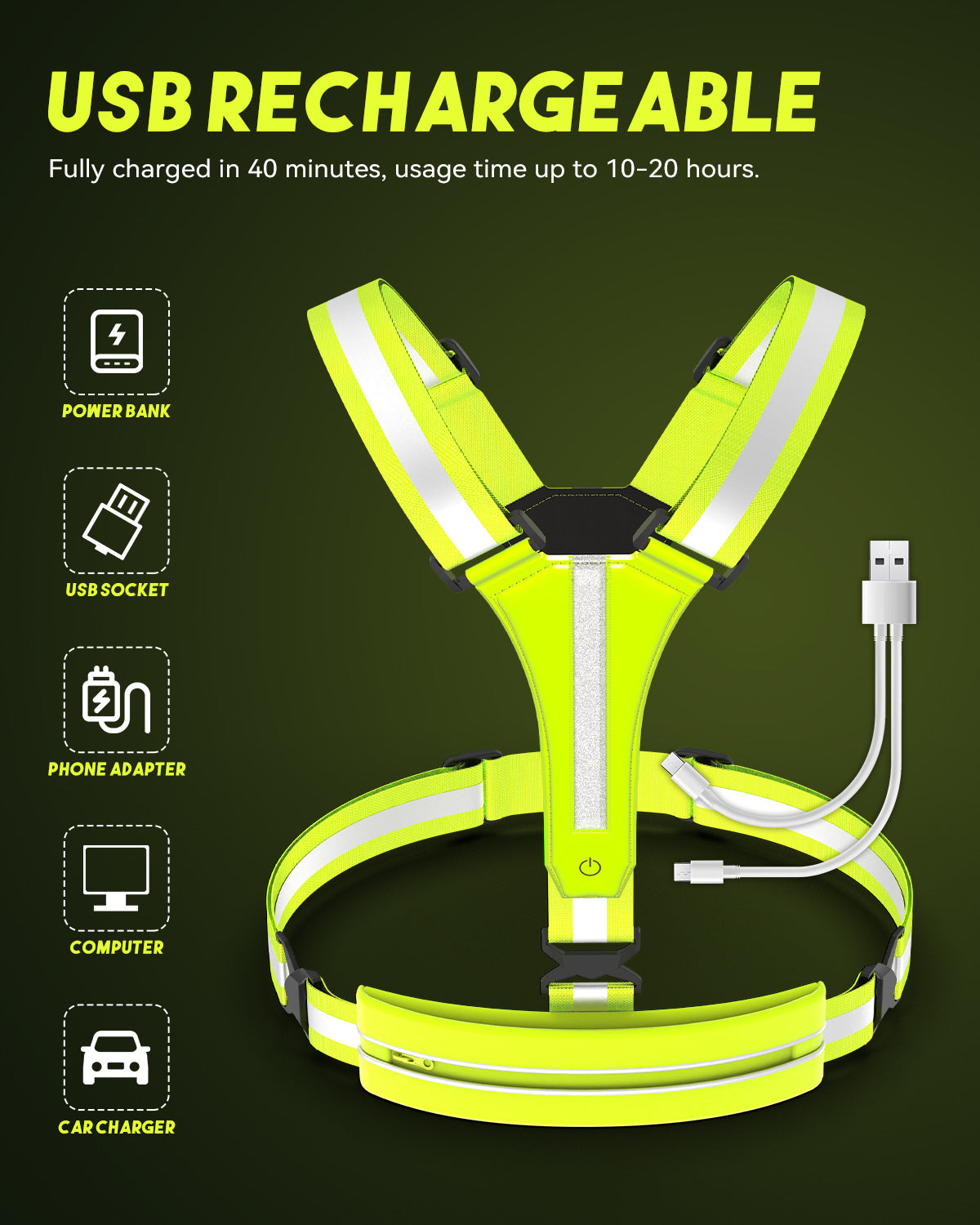 LED Reflective Vest Running Rechargeable High Visibility Safety Vest