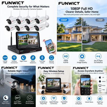 FUNWICT 8-Camera Wireless CCTV Security System with NVR, Monitor & Remote Mobile Viewing