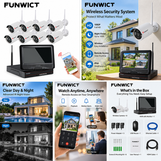 FUNWICT 8-Camera Wireless CCTV Security System with NVR, Monitor & Remote Mobile Viewing