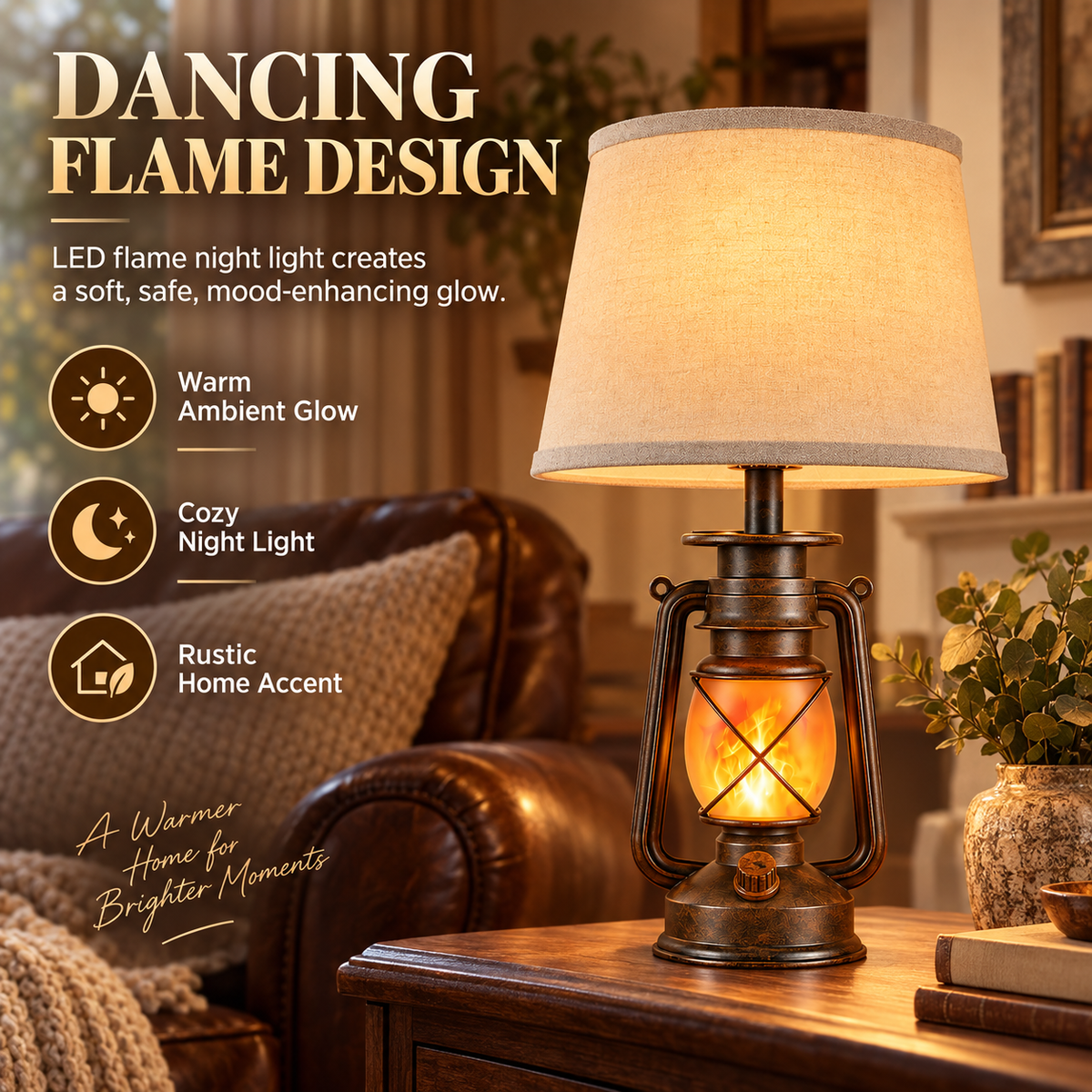 Vintage Farmhouse Table Lamp with Dancing Flame Night Light