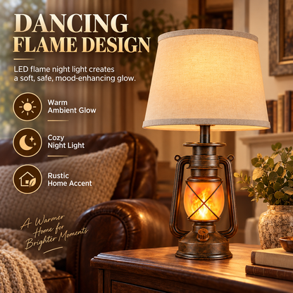 Vintage Farmhouse Table Lamp with Dancing Flame Night Light