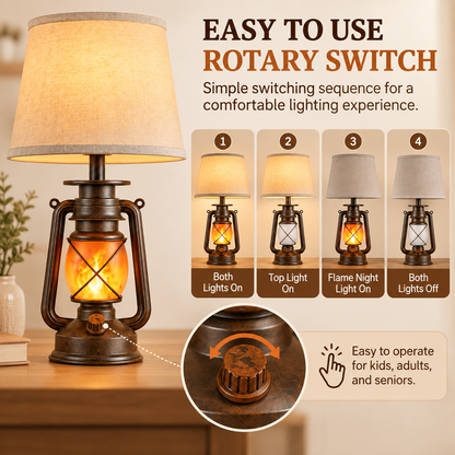 Vintage Farmhouse Table Lamp with Dancing Flame Night Light