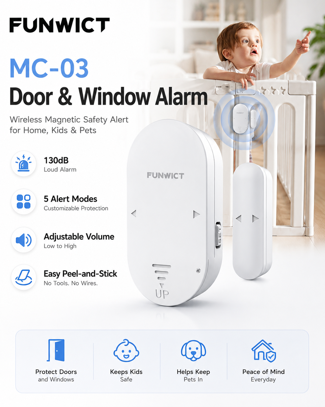 Door Window Alarm, 130dB Wireless Magnetic Sensor Alarm with 5 Modes