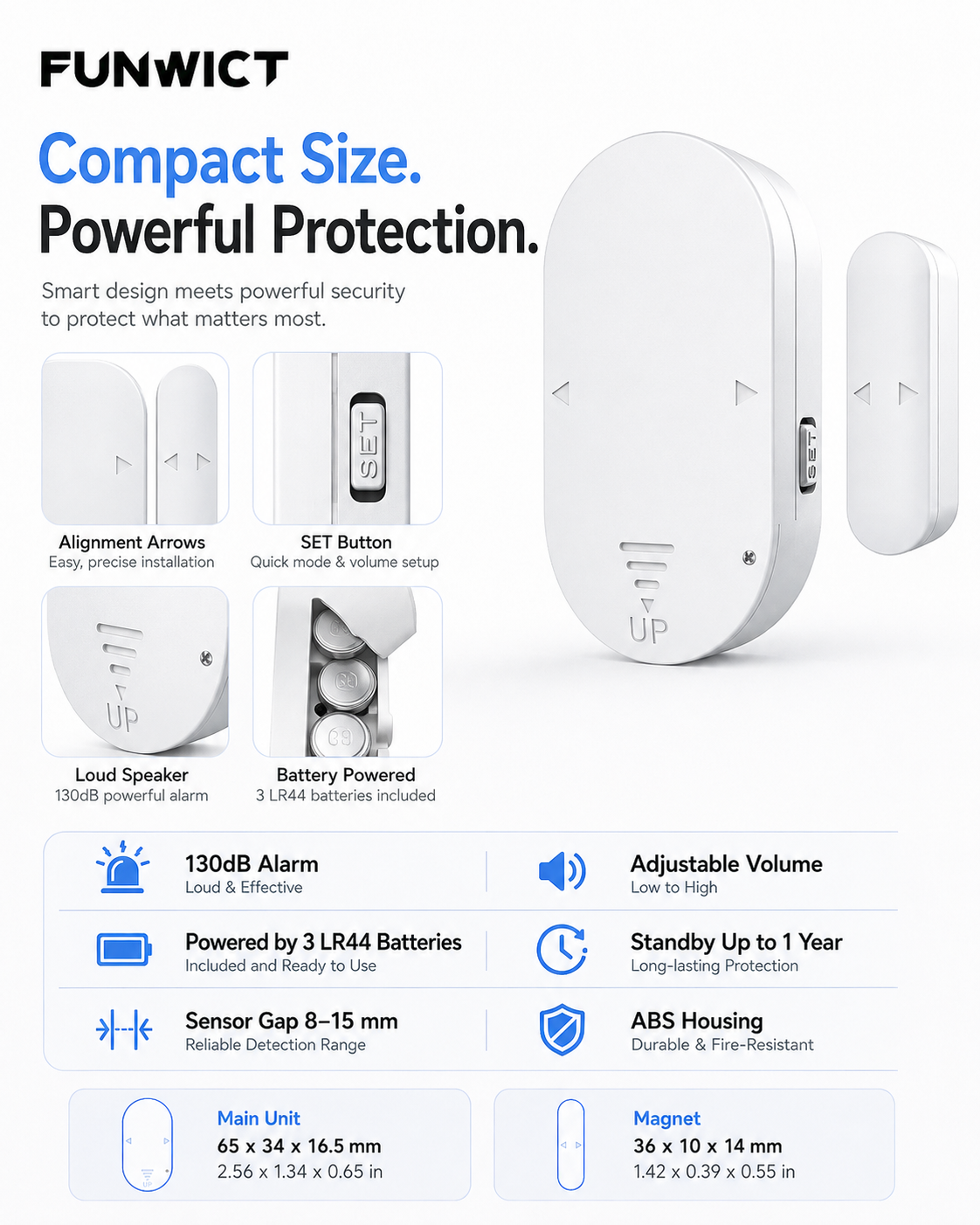 Door Window Alarm, 130dB Wireless Magnetic Sensor Alarm with 5 Modes