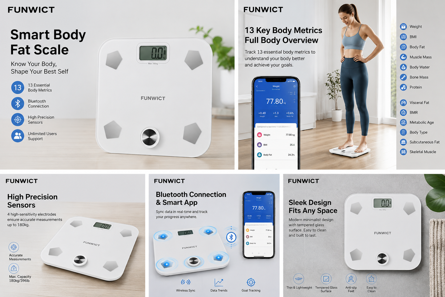 FUNWICT Smart Body Fat Scale | 13 Body Metrics & Bluetooth