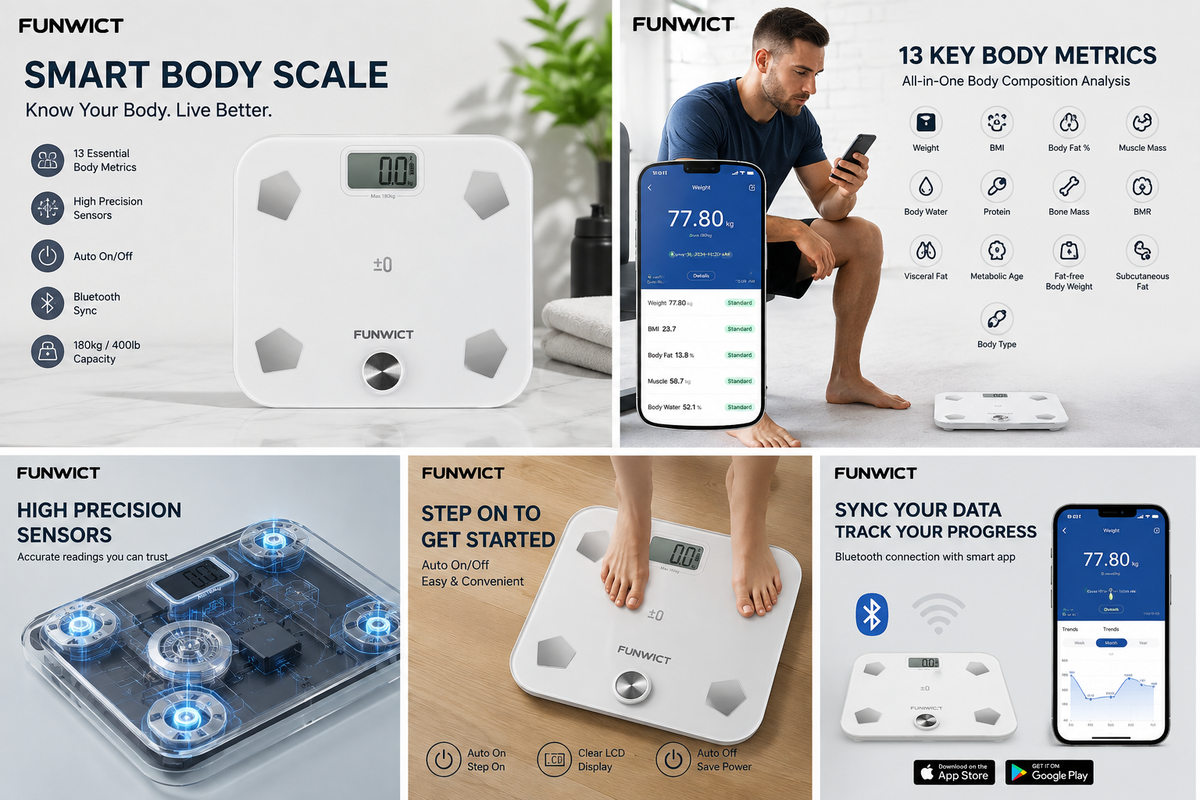 FUNWICT Smart Body Fat Scale | 13 Body Metrics & Bluetooth