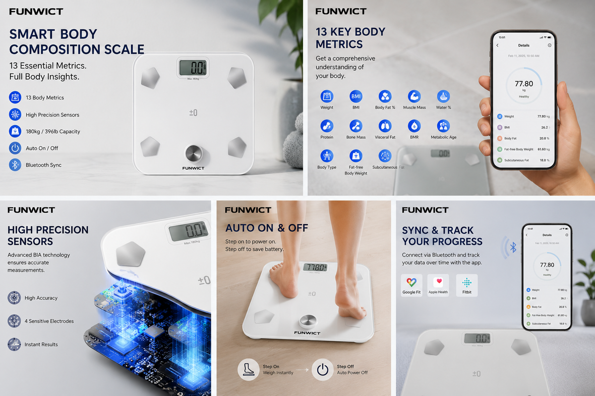 FUNWICT Smart Body Fat Scale | 13 Body Metrics & Bluetooth