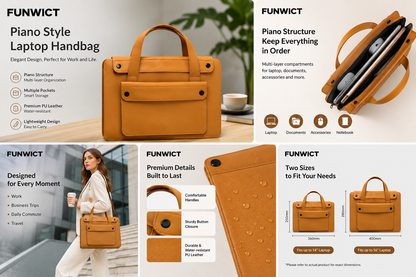 FUNWICT Accordion-Style Laptop Tote Bag, PU Leather Multi-Compartment Laptop Handbag for 14–16 Inch Laptops