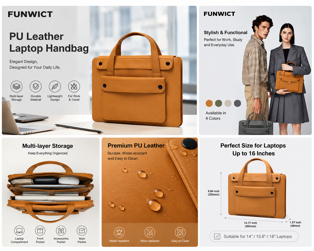 FUNWICT Accordion-Style Laptop Tote Bag, PU Leather Multi-Compartment Laptop Handbag for 14–16 Inch Laptops