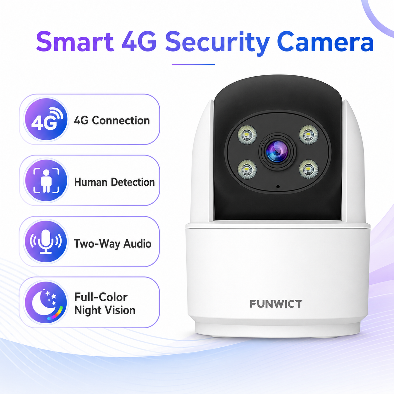 FUNWICT 4G LTE Security Camera, 3MP Indoor Pan Tilt Camera with Human Detection, Auto Tracking, Two-Way Audio, Full-Color Night Vision & Remote App Alerts