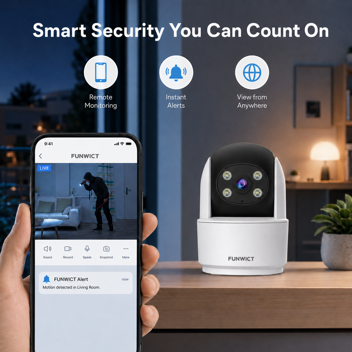 FUNWICT 4G LTE Security Camera, 3MP Indoor Pan Tilt Camera with Human Detection, Auto Tracking, Two-Way Audio, Full-Color Night Vision & Remote App Alerts