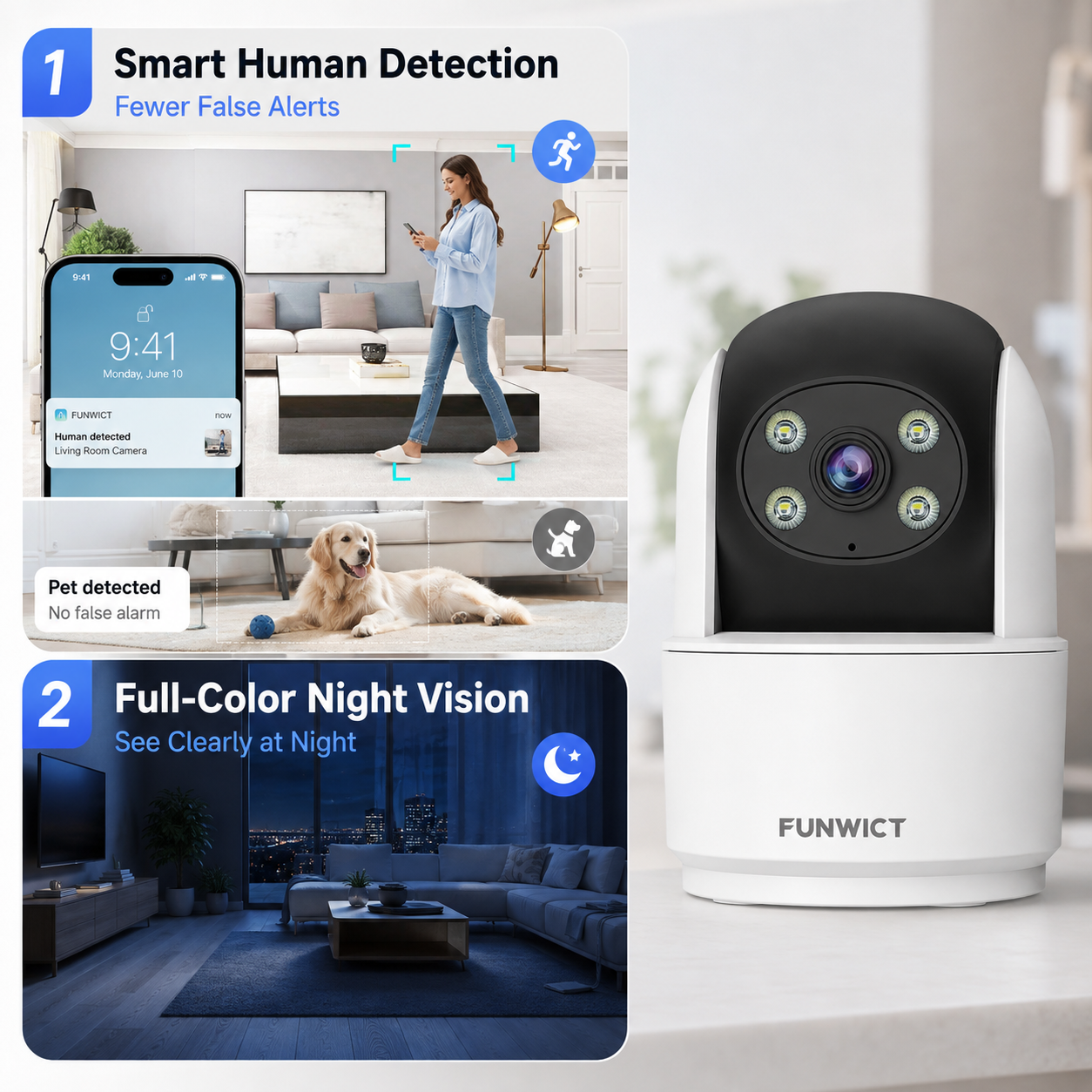 FUNWICT 4G LTE Security Camera, 3MP Indoor Pan Tilt Camera with Human Detection, Auto Tracking, Two-Way Audio, Full-Color Night Vision & Remote App Alerts
