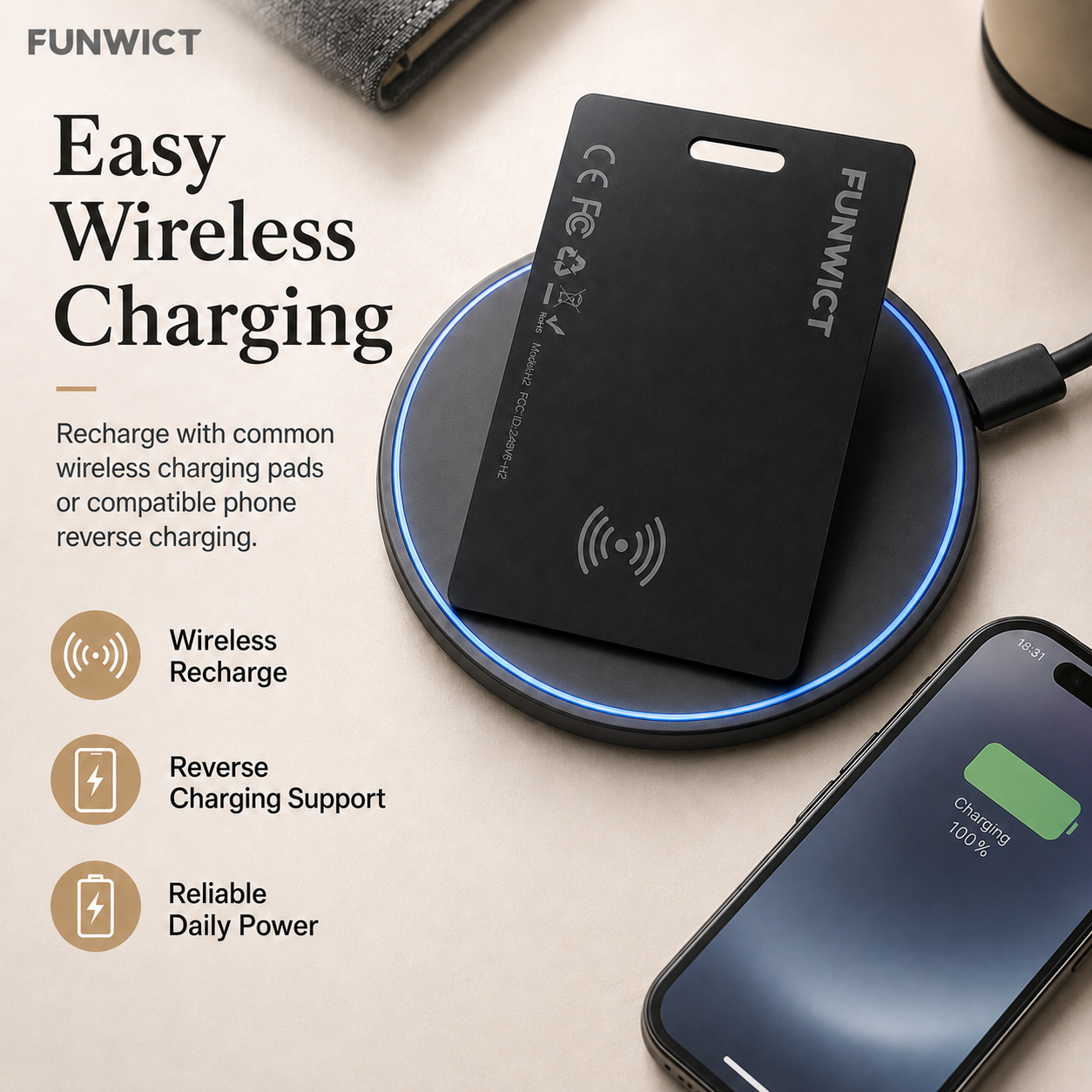 FUNWICT Smart Tracker Card, Ultra-Slim Bluetooth Item Finder for Wallet, Passport & Luggage, Wireless Rechargeable, Built-In Buzzer, Compatible with Apple & Android Find Networks