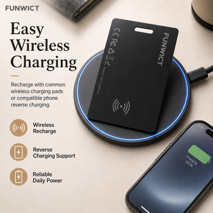 FUNWICT Smart Tracker Card, Ultra-Slim Bluetooth Item Finder for Wallet, Passport & Luggage, Wireless Rechargeable, Built-In Buzzer, Compatible with Apple & Android Find Networks