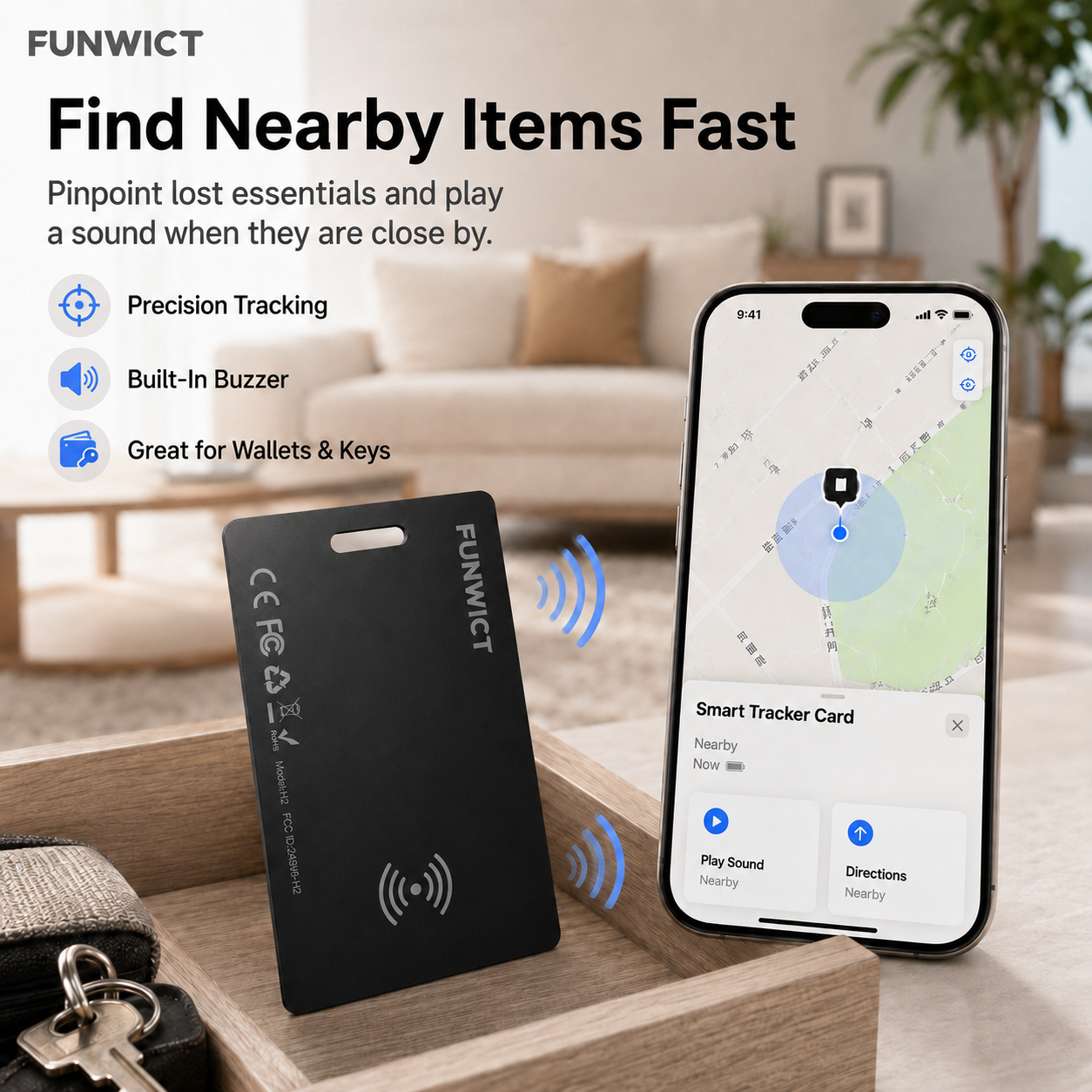 FUNWICT Smart Tracker Card, Ultra-Slim Bluetooth Item Finder for Wallet, Passport & Luggage, Wireless Rechargeable, Built-In Buzzer, Compatible with Apple & Android Find Networks