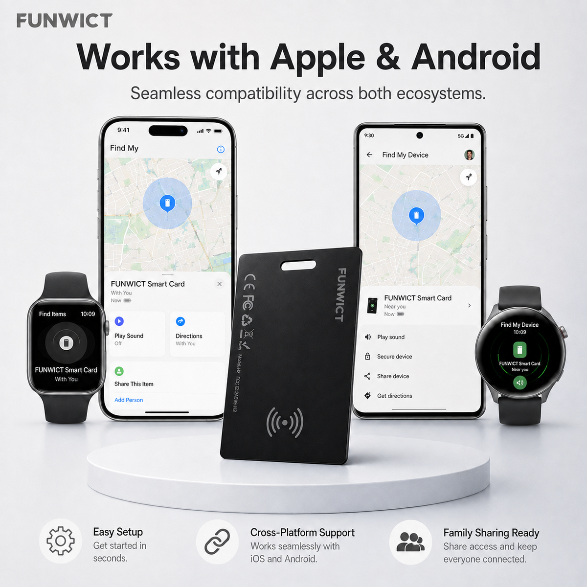 FUNWICT Smart Tracker Card, Ultra-Slim Bluetooth Item Finder for Wallet, Passport & Luggage, Wireless Rechargeable, Built-In Buzzer, Compatible with Apple & Android Find Networks