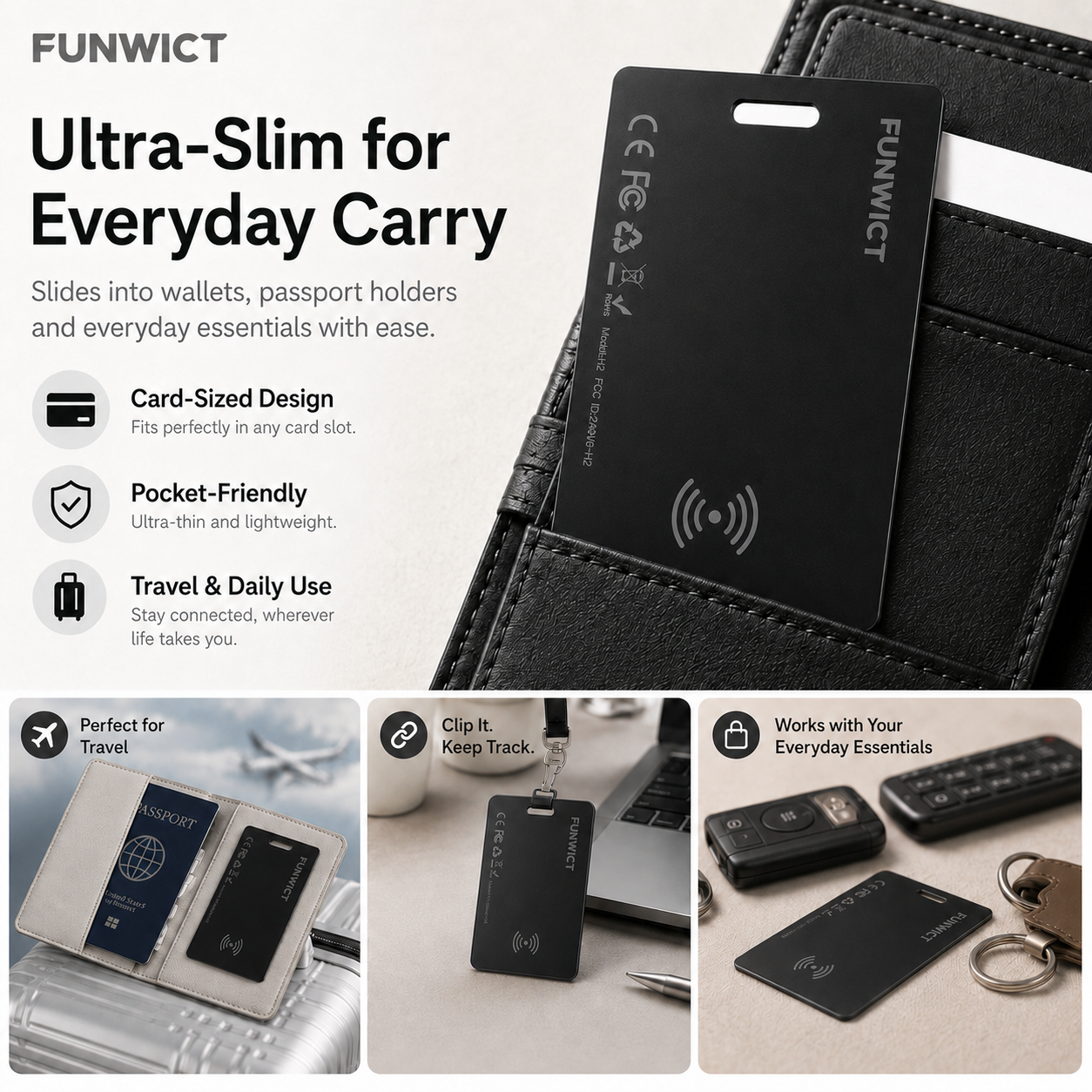 FUNWICT Smart Tracker Card, Ultra-Slim Bluetooth Item Finder for Wallet, Passport & Luggage, Wireless Rechargeable, Built-In Buzzer, Compatible with Apple & Android Find Networks