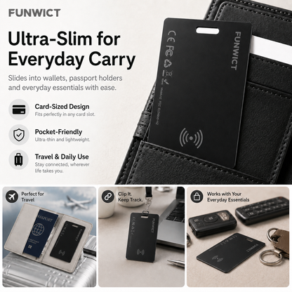 FUNWICT Smart Tracker Card, Ultra-Slim Bluetooth Item Finder for Wallet, Passport & Luggage, Wireless Rechargeable, Built-In Buzzer, Compatible with Apple & Android Find Networks