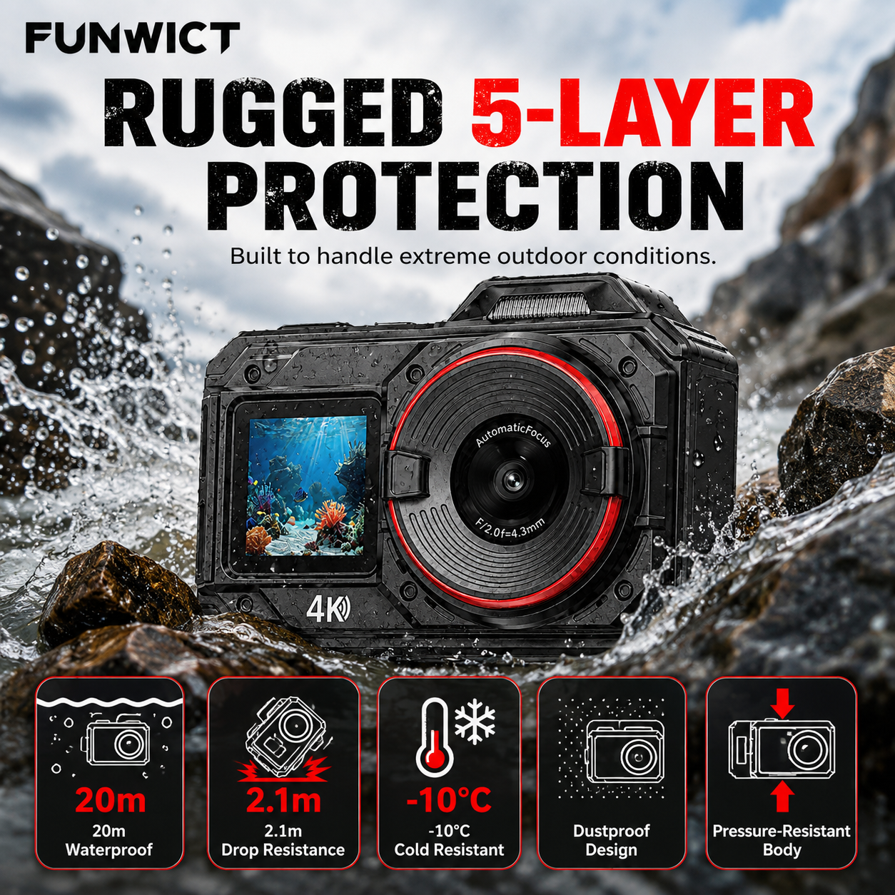 FUNWICT 4K Waterproof Digital Camera
