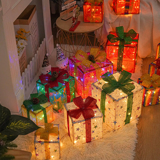 Pre-Lit Christmas Gift Box Decorations, Festive Light-Up Presents for Indoor Holiday Decor