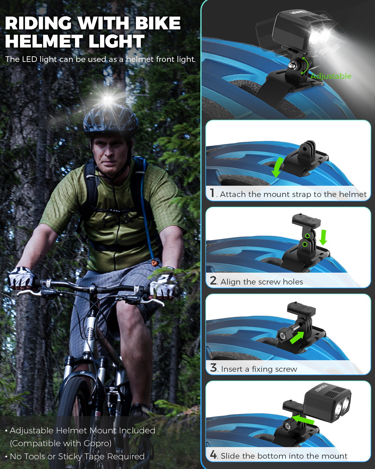 WEST BIKING Bike Helmet Light Set – USB Rechargeable Front & Rear Taillight, 2-in-1, Black, LED, Water Resistant